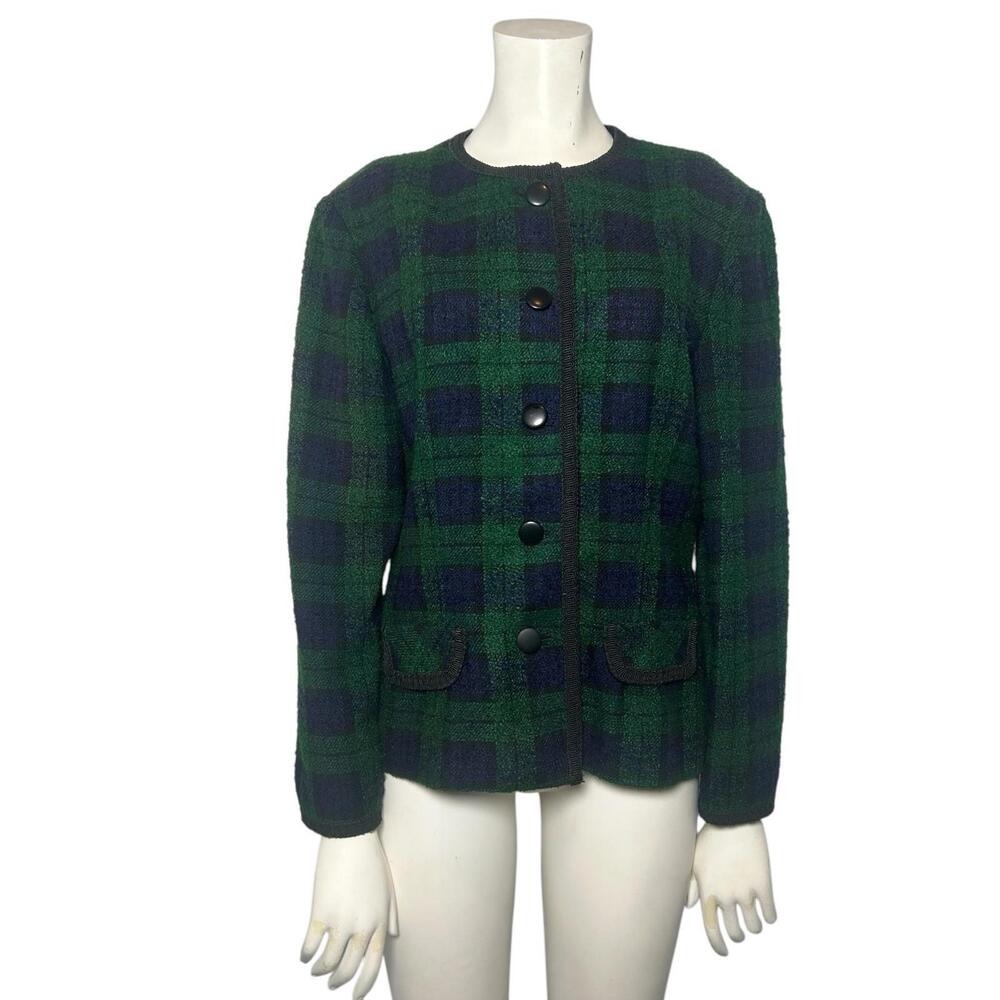 Vintage 80s 90s Talbots Plaid Wool Blend Jacket Green Blue Boxy Button Front L